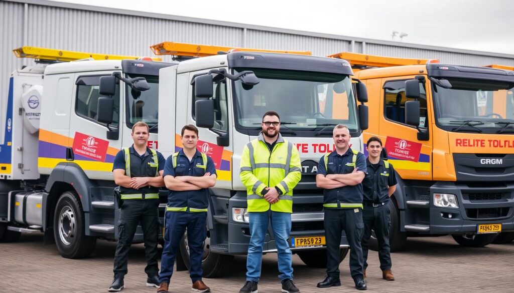 Team des Abschleppdienstes in Ratingen vor Fahrzeugflotte