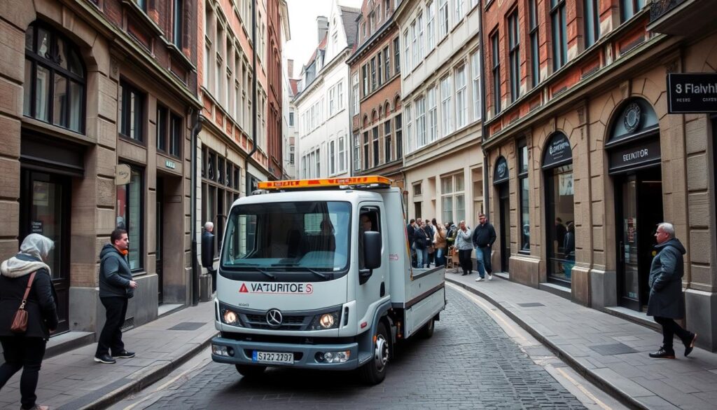 Enge Gassen in der Düsseldorfer Altstadt mit Abschleppfahrzeug Enge Gassen in der Düsseldorfer Altstadt mit Abschleppfahrzeug