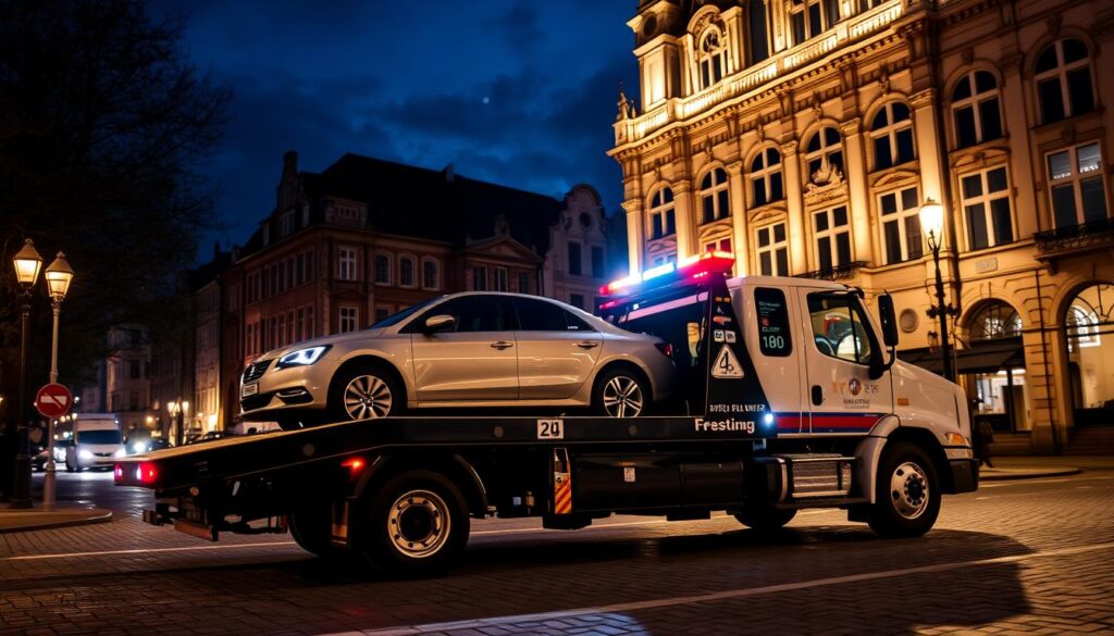 Professioneller Abschleppdienst in der Düsseldorfer Altstadt bei Nacht Professioneller Abschleppdienst in der Düsseldorfer Altstadt bei Nacht