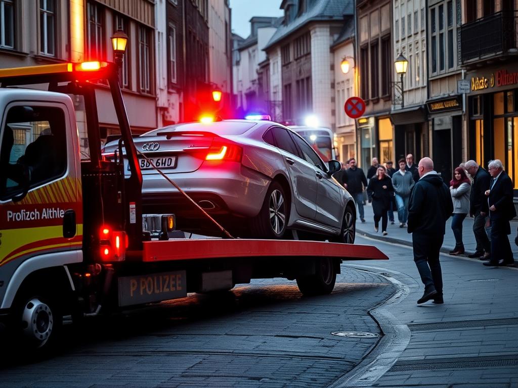 Unfallbergung eines Fahrzeugs in der Düsseldorfer Altstadt Unfallbergung eines Fahrzeugs in der Düsseldorfer Altstadt